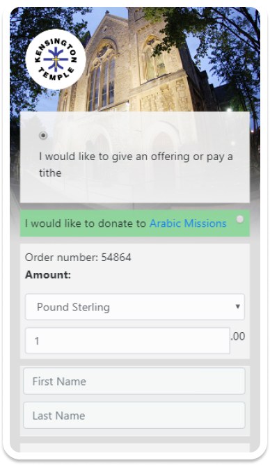 The original donation form on a phone: a church photo behind loosely spaced fields