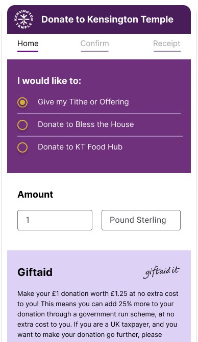A later concept: purple header, a Home, Confirm, Receipt progress bar, giving options and a highlighted Gift Aid section